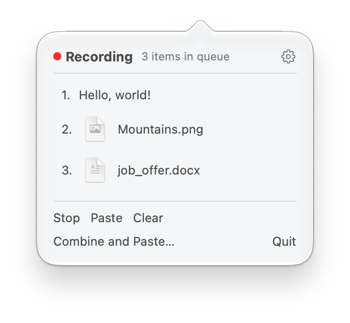 The Vanto window: recording, 3 items in queue — Hello, world!, Mountains.png and job_offer.docx — with Stop, Paste, Clear, Combine and Paste, and Quit.